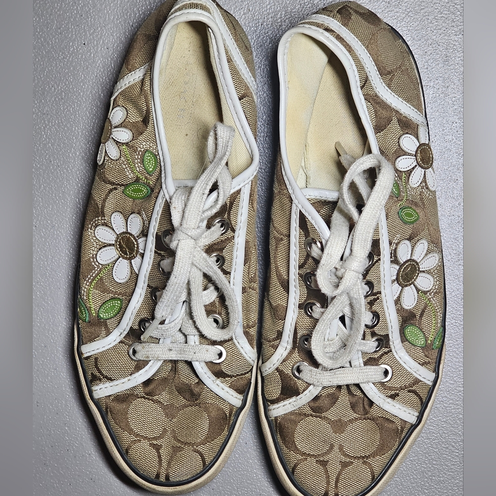 Coach Dee Floral Khaki Brown Canvas Lace‎ up Sneakers Size 8B Q991 Brown.